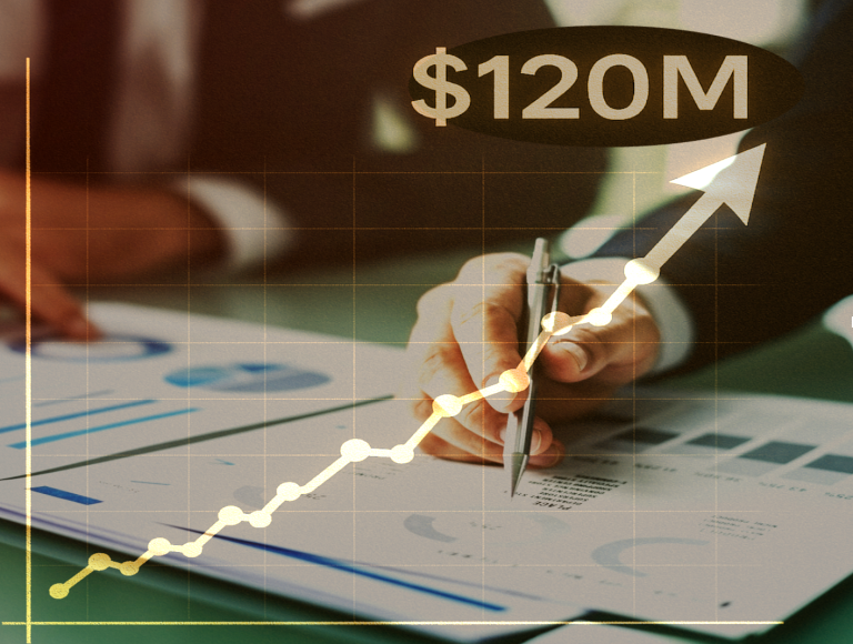 Person reviewing a graph on a document with overlayed graph and $120M